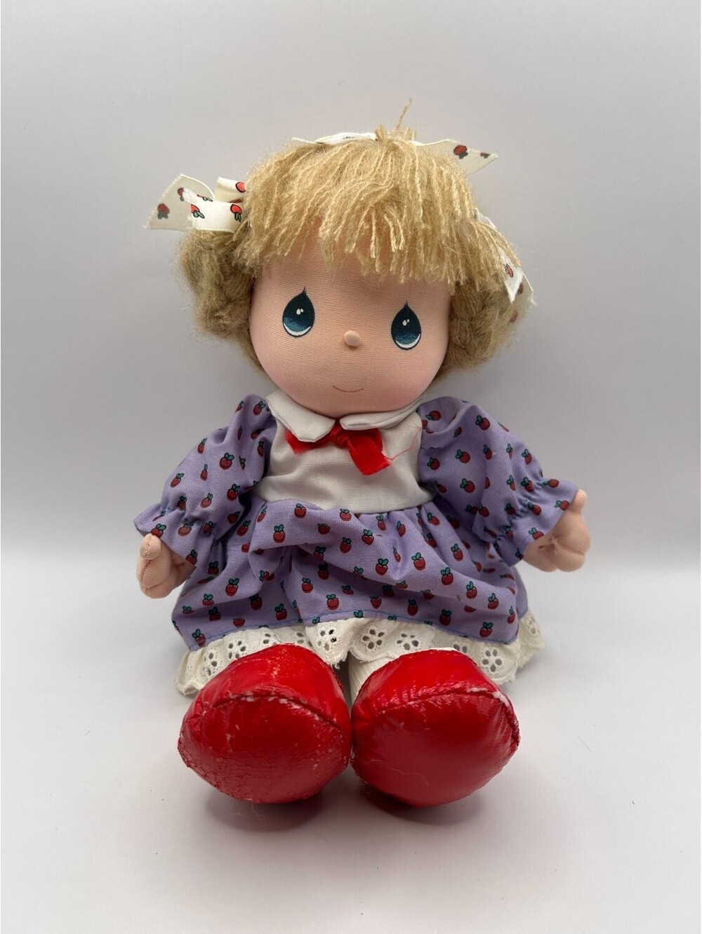 Precious Moments rag doll little girl with teardrop eyes purple white red